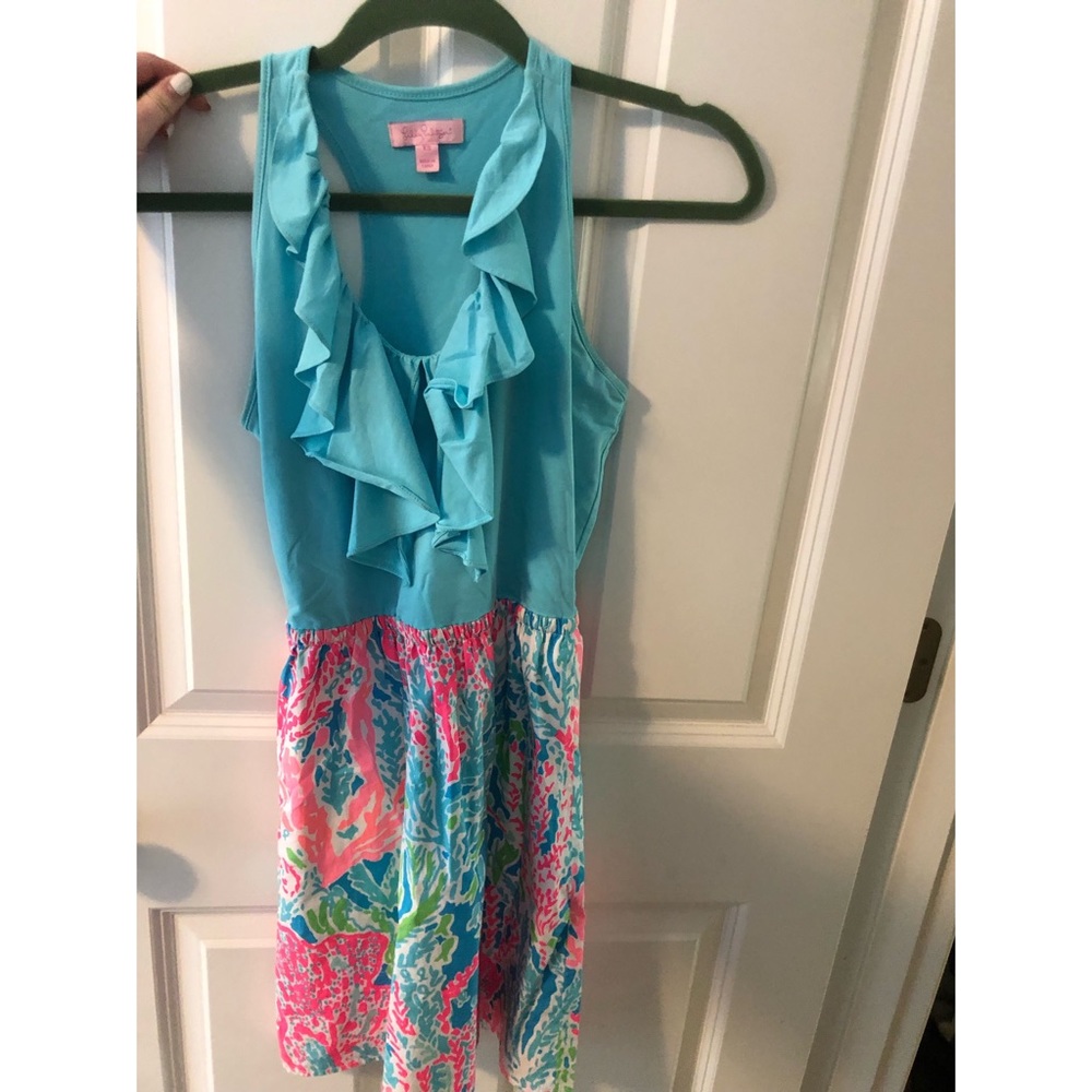 Lilly Pulitzer dress: blue top and coral bottom